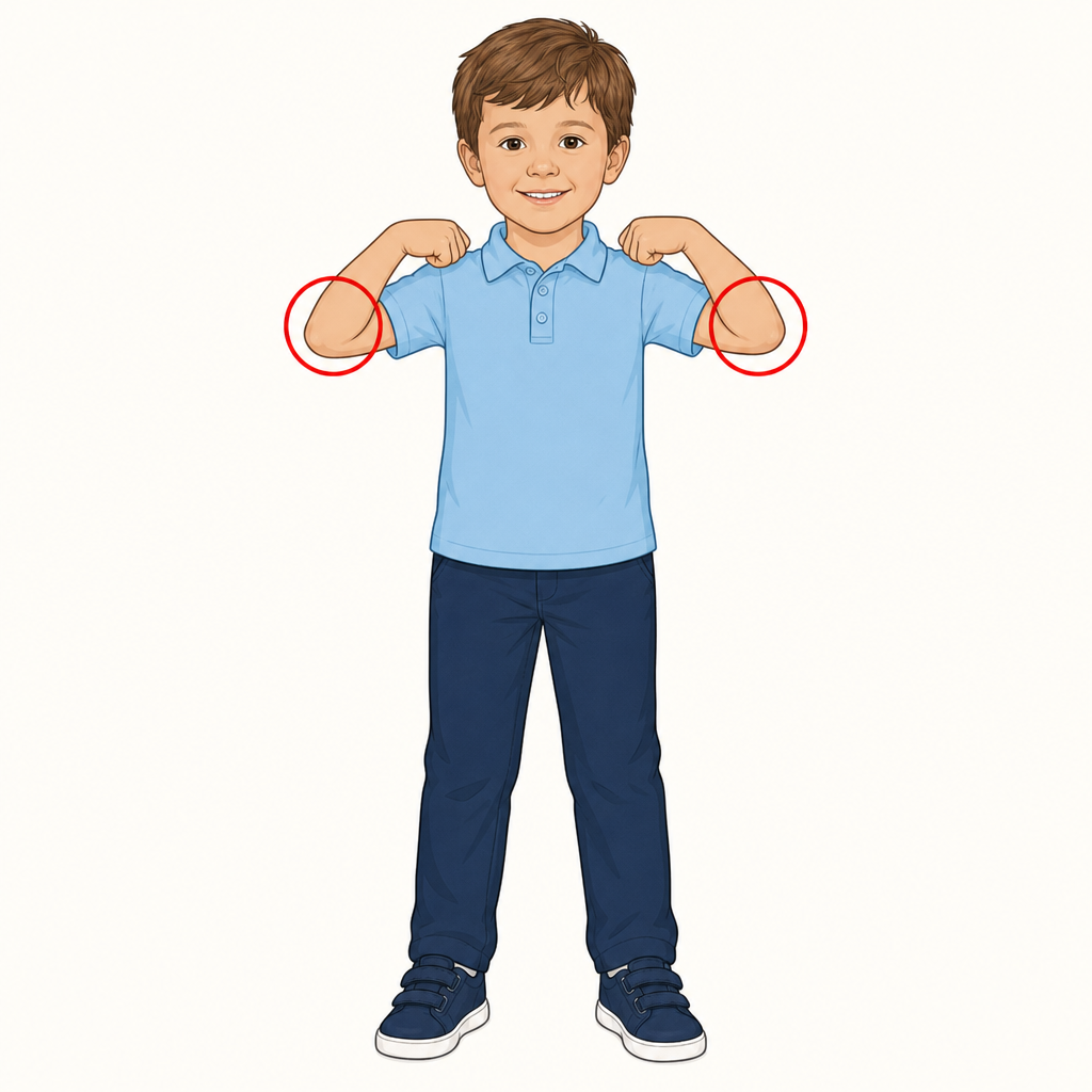 A whole child aged 5 on a plain background, arms bent so both elbows point out, with a bright coloured circle drawn round each elbow.