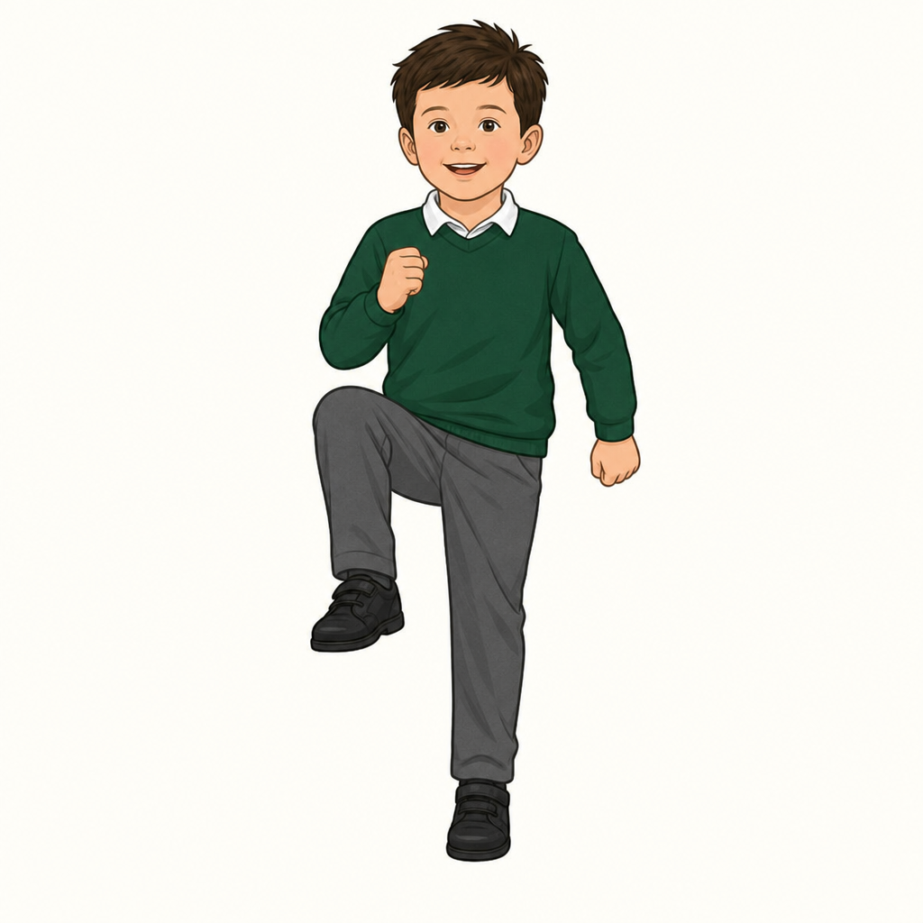 A child aged 4 to 5, whole body in view, marching on the spot with one knee lifted high, on a plain background.