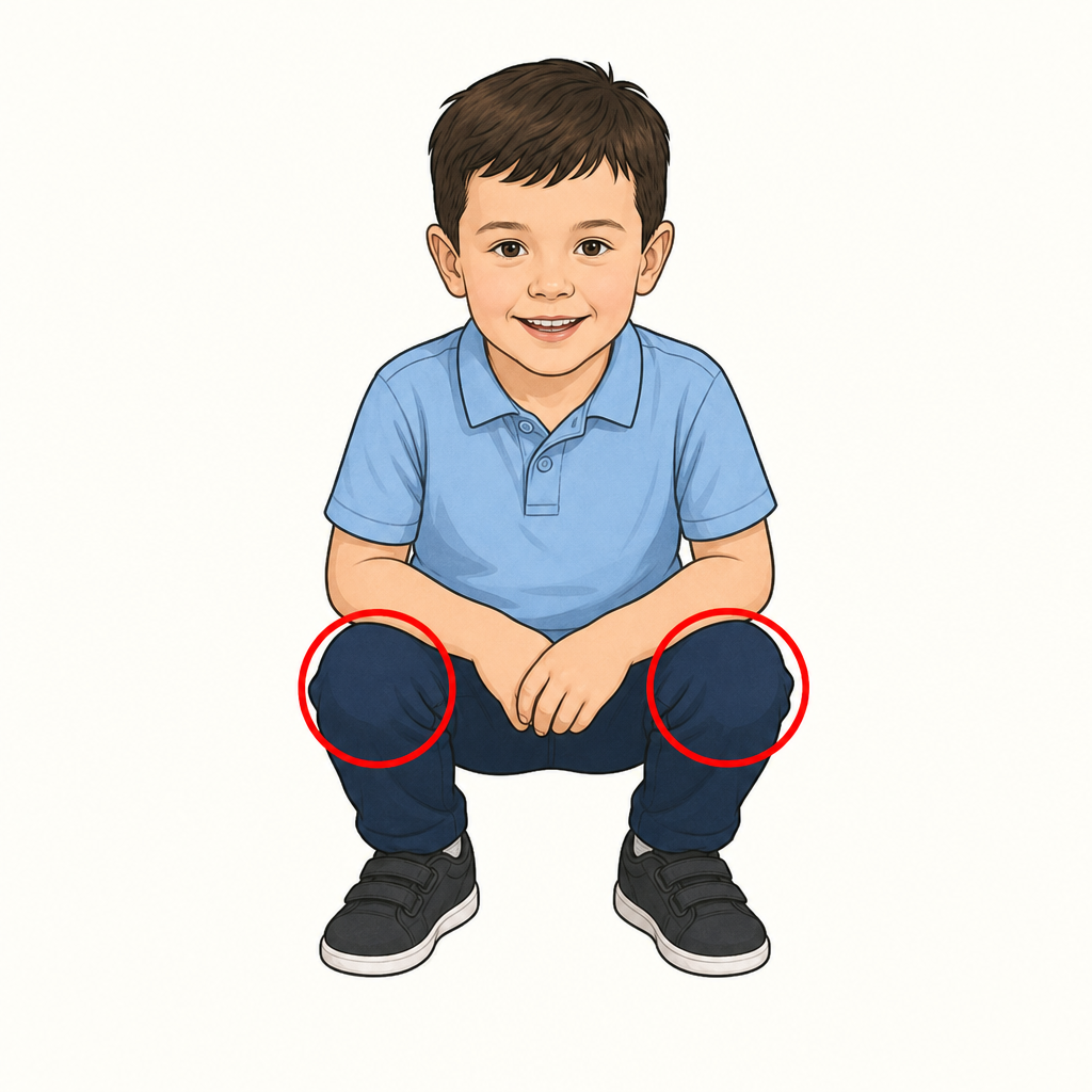 A whole child aged 5 on a plain background, bending both knees in a low squat, with a bright coloured circle drawn round each knee.