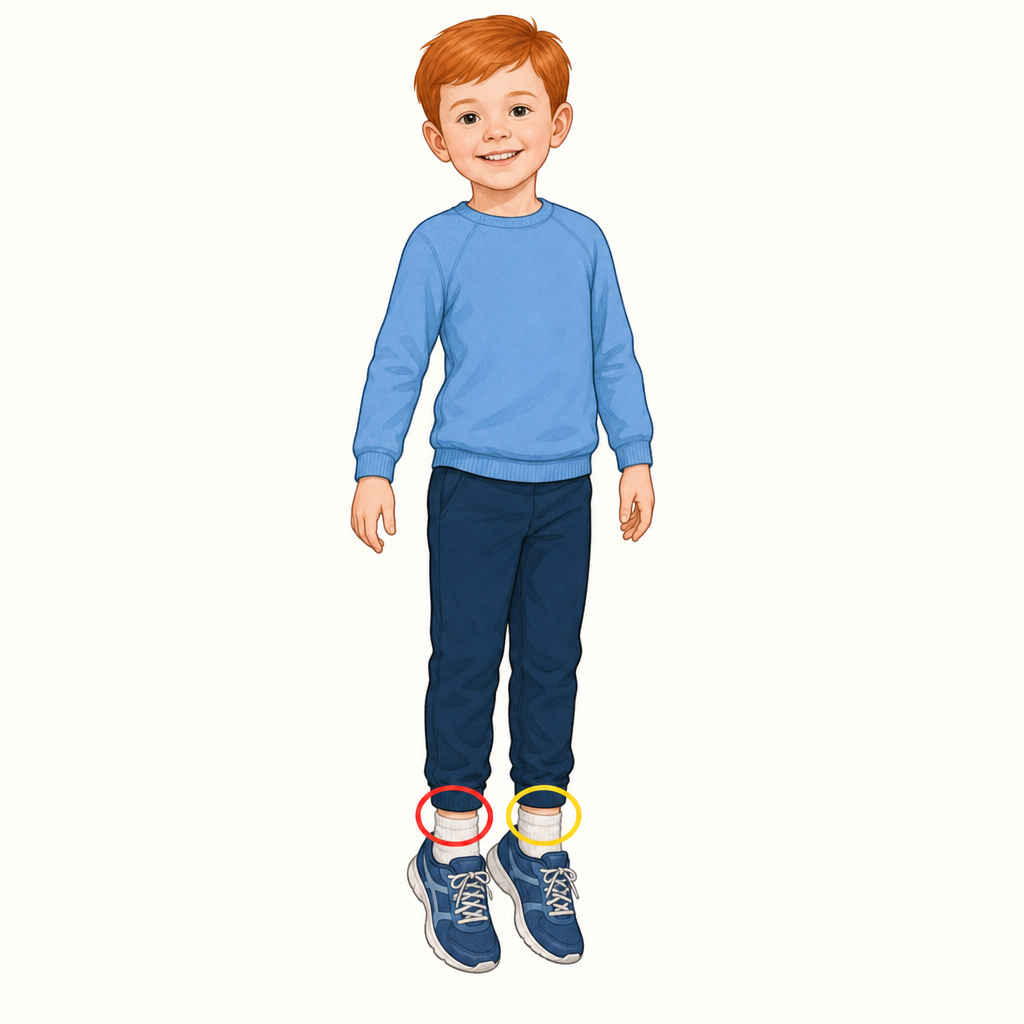 A whole child aged 5, fully dressed in long trousers, white ankle socks and trainers, standing up on tiptoe, with a bright coloured circle drawn round each ankle just above the shoes, on a plain background.