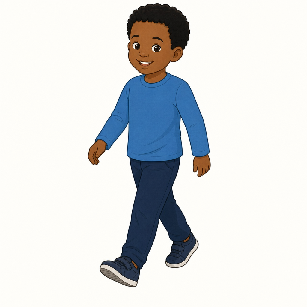 A boy aged 4 to 5 with dark brown skin and short curly black hair, in a long-sleeved top, long trousers and shoes, whole body in view, walking forward with one foot stepping out in front, on a plain background.
