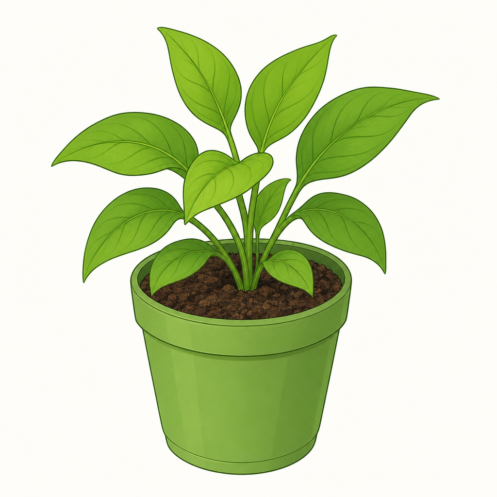 A small green potted plant with fresh leaves, close and large on a plain background.