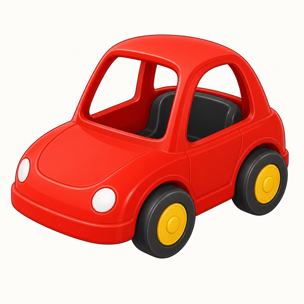 A red toy car, close and large on a plain background.