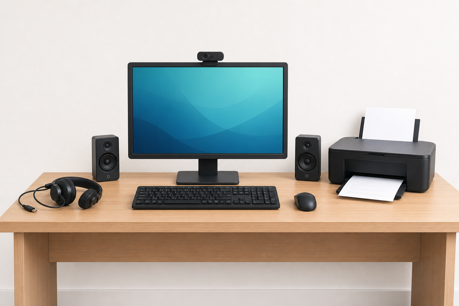 A school computer desk with a keyboard, a mouse and a webcam, a screen, small speakers, a headset and a printer