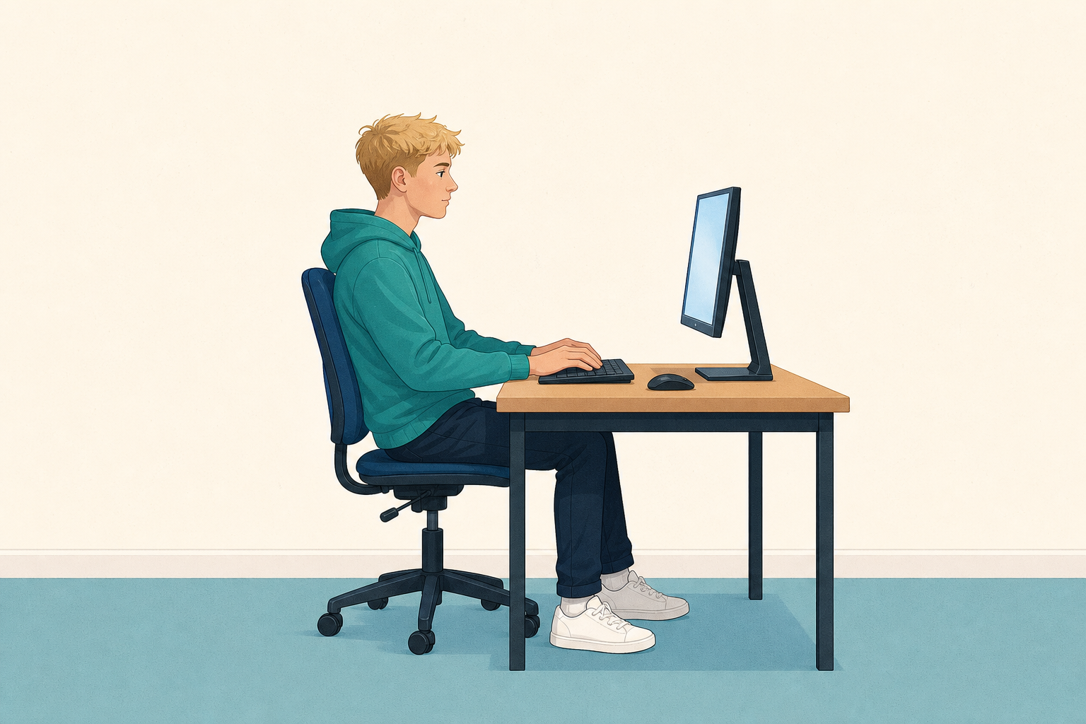 A student sitting well at a computer: feet flat on the floor, back against the chair, the screen at eye level about an arm's length away, wrists straight