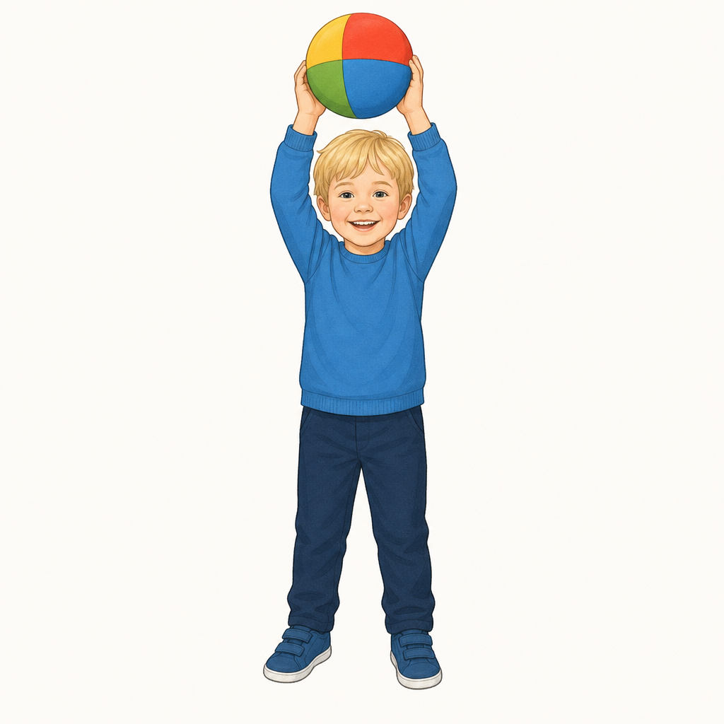A child aged 4 to 5 holding a soft ball up high in both hands, smiling, on a plain background.