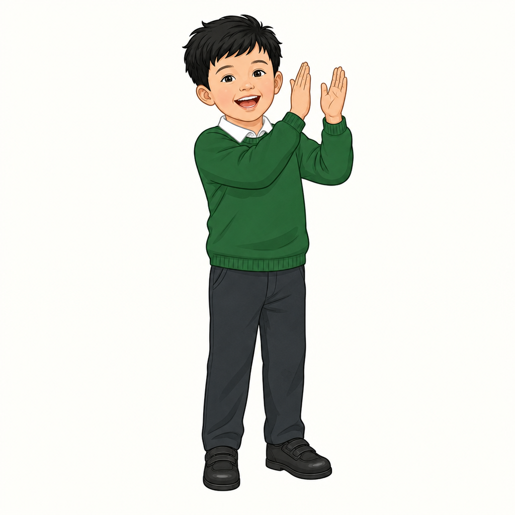 A child aged 4 to 5, whole body in view, clapping with hands held up high and just apart, mid-clap, with a big smile, on a plain background.