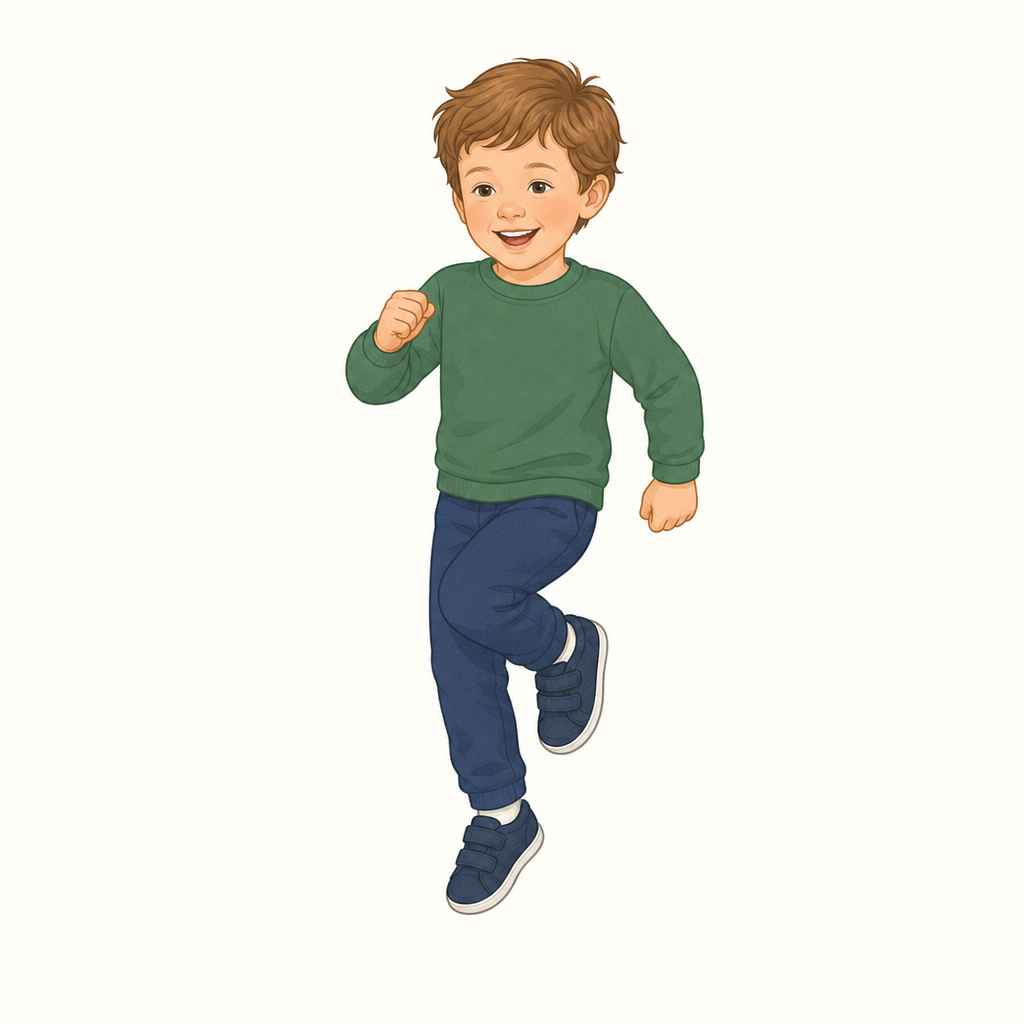 A child aged 4 to 5, whole body in view, hopping on one foot on the spot, on a plain background.