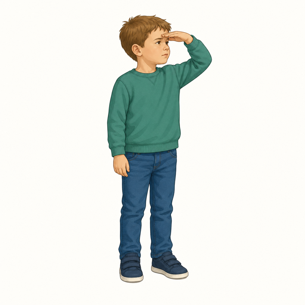 A child aged 4 to 5, whole body in view, shading their eyes with one flat hand and looking far away, on a plain background.