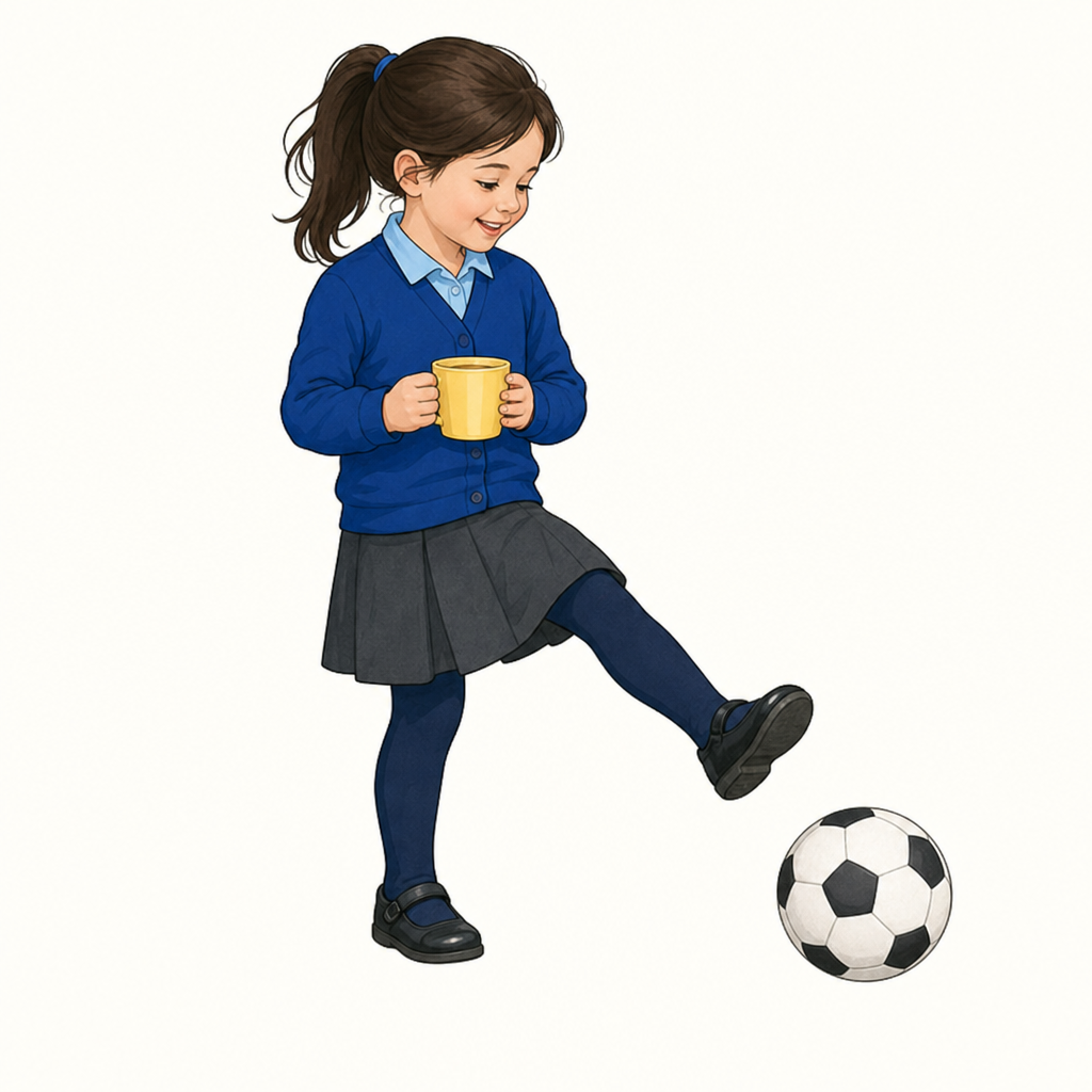 A girl aged 5 holding a cup in her hands while kicking a ball with one foot, plain pale background.