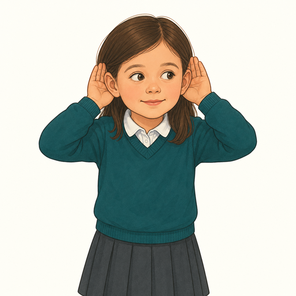 A girl aged 5 cupping her hands behind her ears to listen, on a plain pale background.
