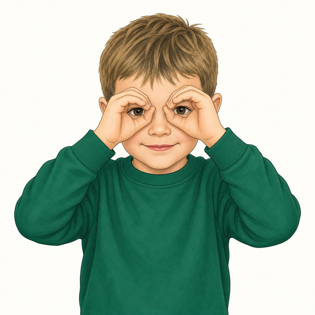 A boy aged 5 peeping through finger circles held to his eyes like binoculars, on a plain pale background.
