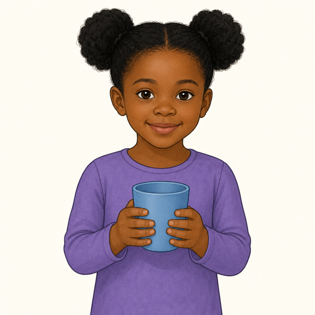 A girl aged 5 with dark brown skin and black hair in two puffs, in a long-sleeved top, holding a cup carefully in both hands, on a plain pale background.
