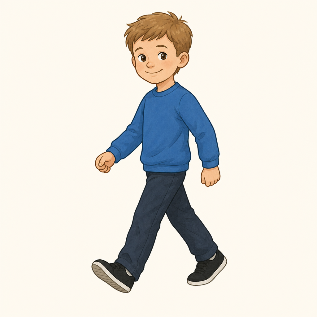 A boy aged 5 walking along, one leg stepping forward, on a plain pale background.
