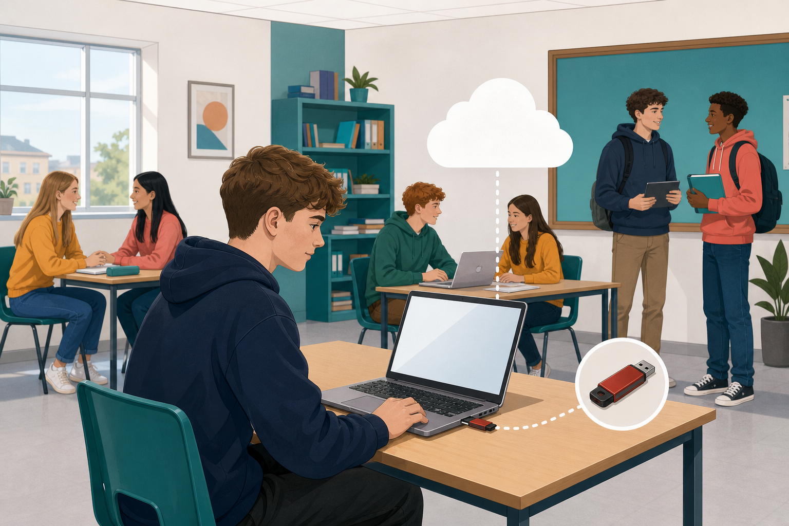 A laptop with a USB stick plugged in and a cloud above it: three places to keep the same file