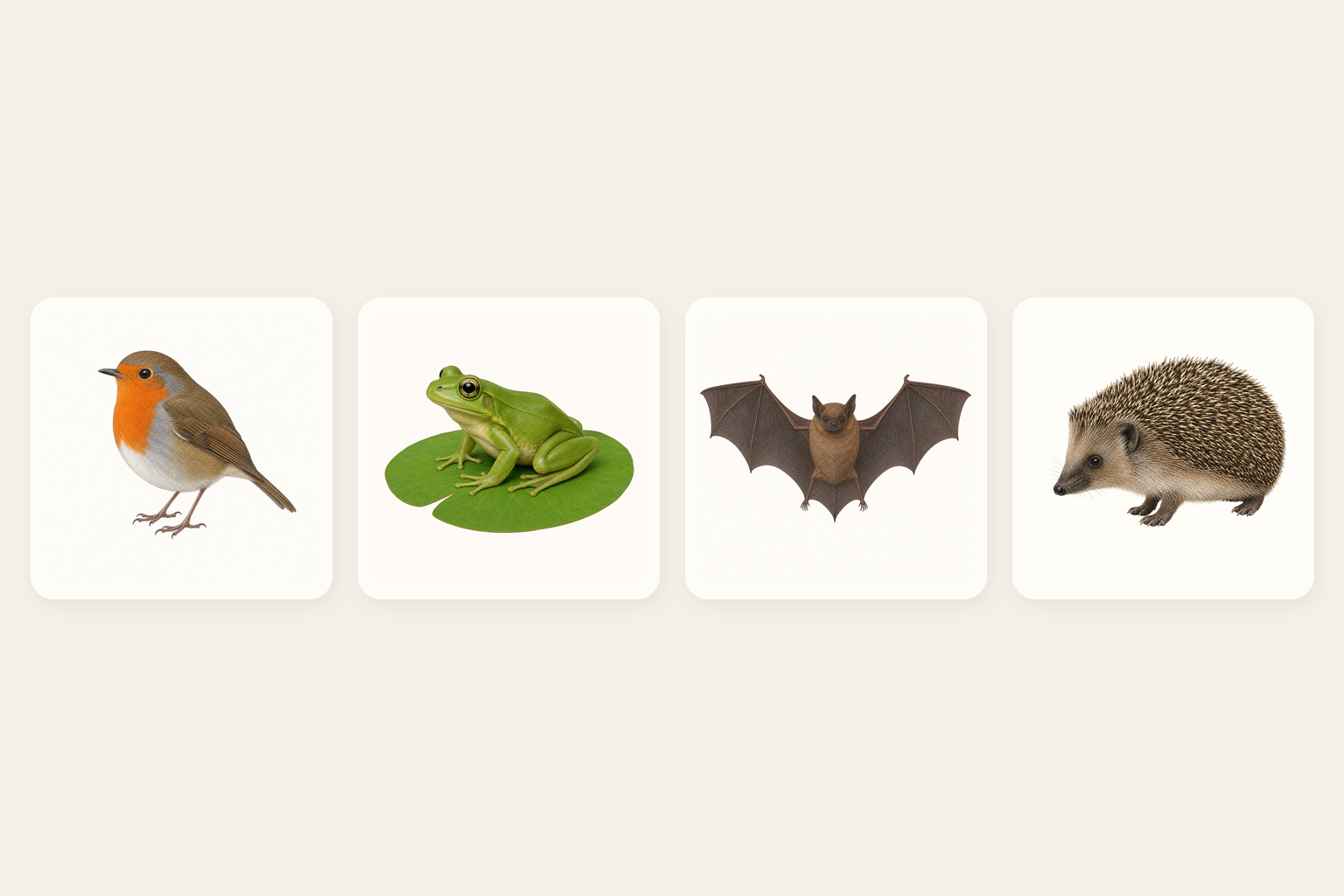 The four wildlife cards the class will sort, seen plainly from above