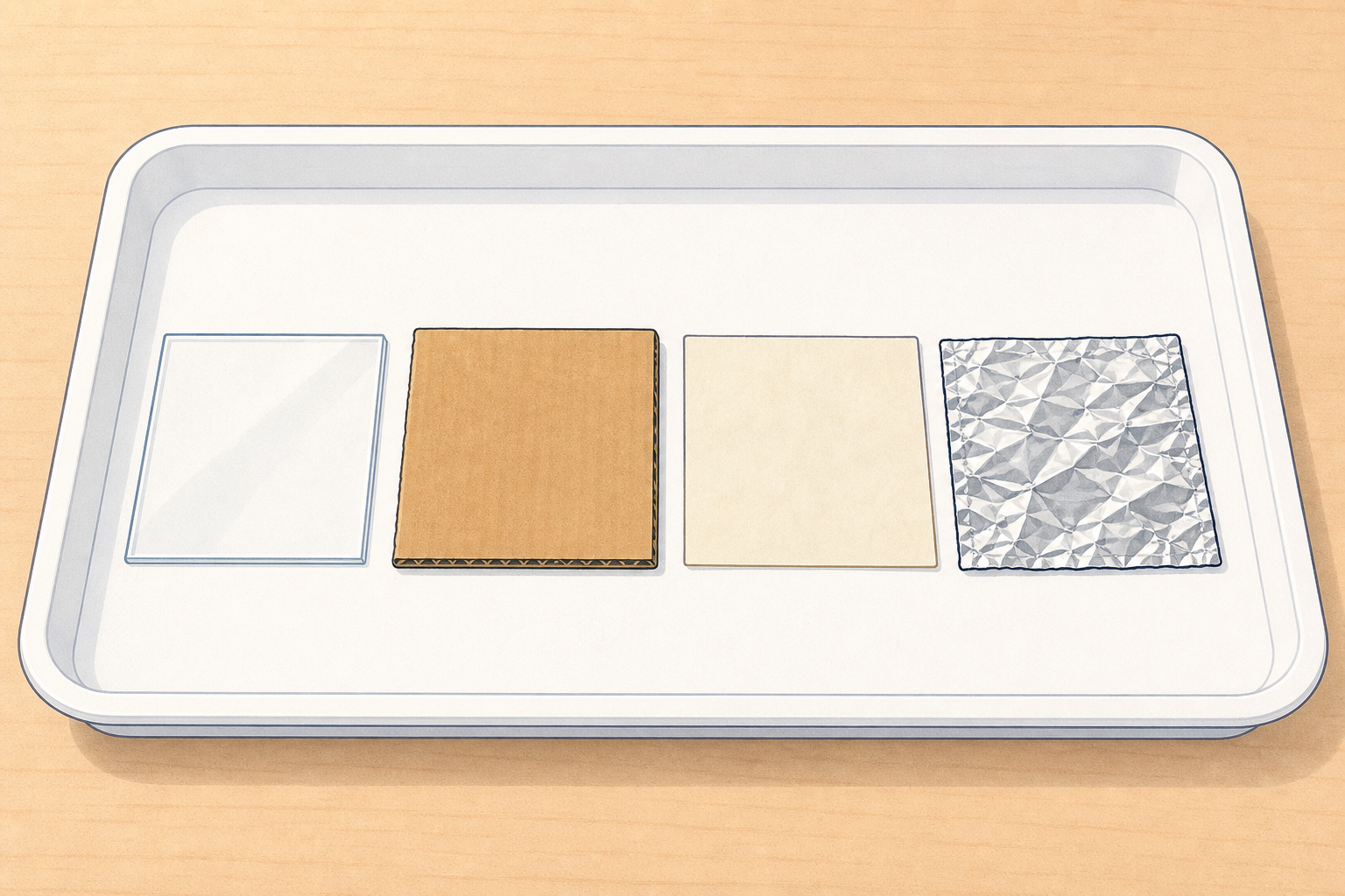 The tray of material pieces the class will test today, shown close