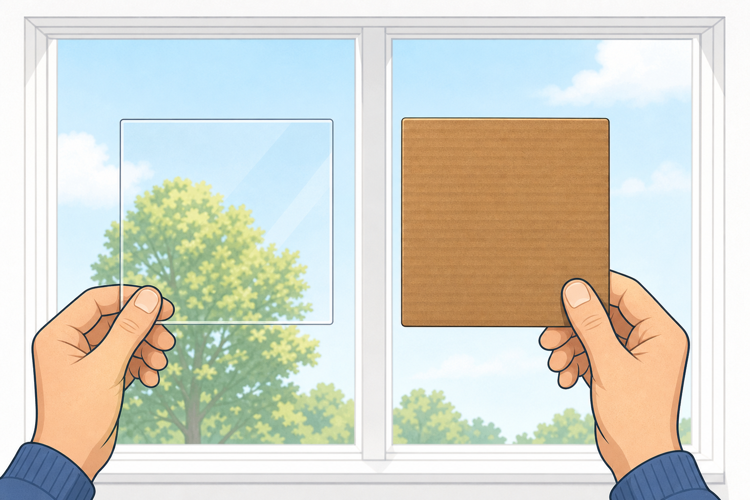 Two pieces held to window light, one see-through, one blocking light