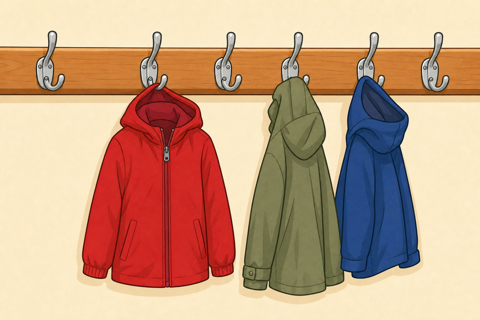 School cloakroom hooks with coats, the object the lesson opens on