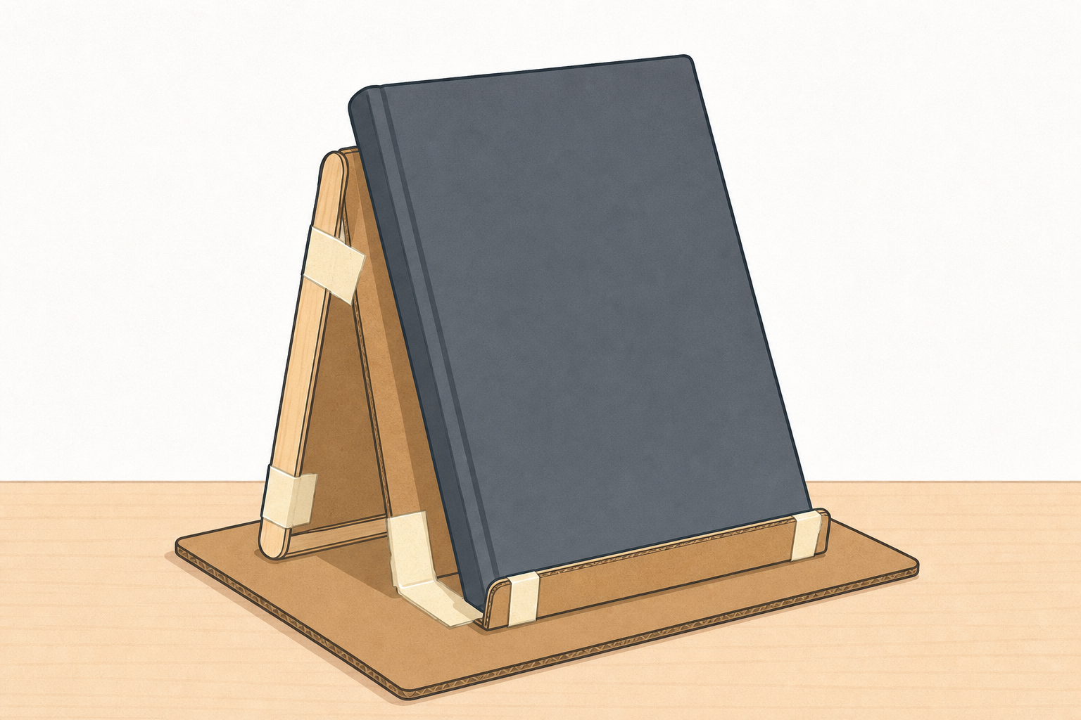 The rough card stand built last lesson, holding a book upright on a desk