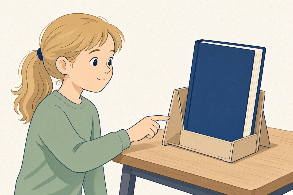 A homemade card stand holding a heavy book upright on a desk while a child gives the desk a gentle fingertip nudge