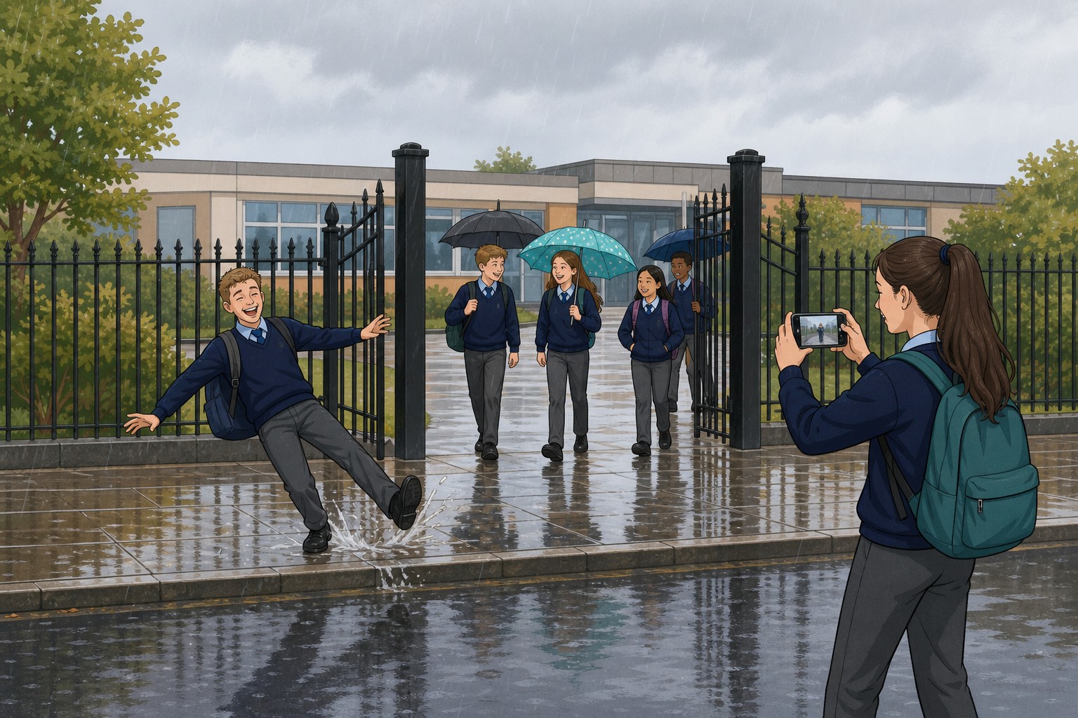 A rainy afternoon at a school gate. A boy in a school jumper slips on the wet footpath, laughing, while a girl a few steps away films him on her phone and other pupils walk past.