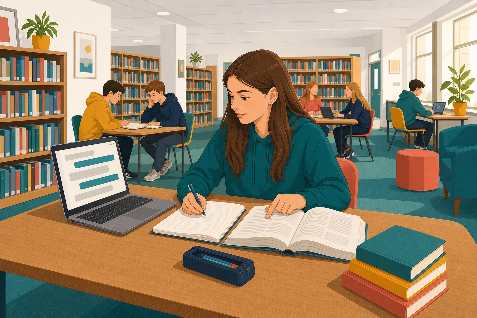 A student checks an AI chat answer on her laptop against a reference book, one finger on the page, and writes her check in a notebook.