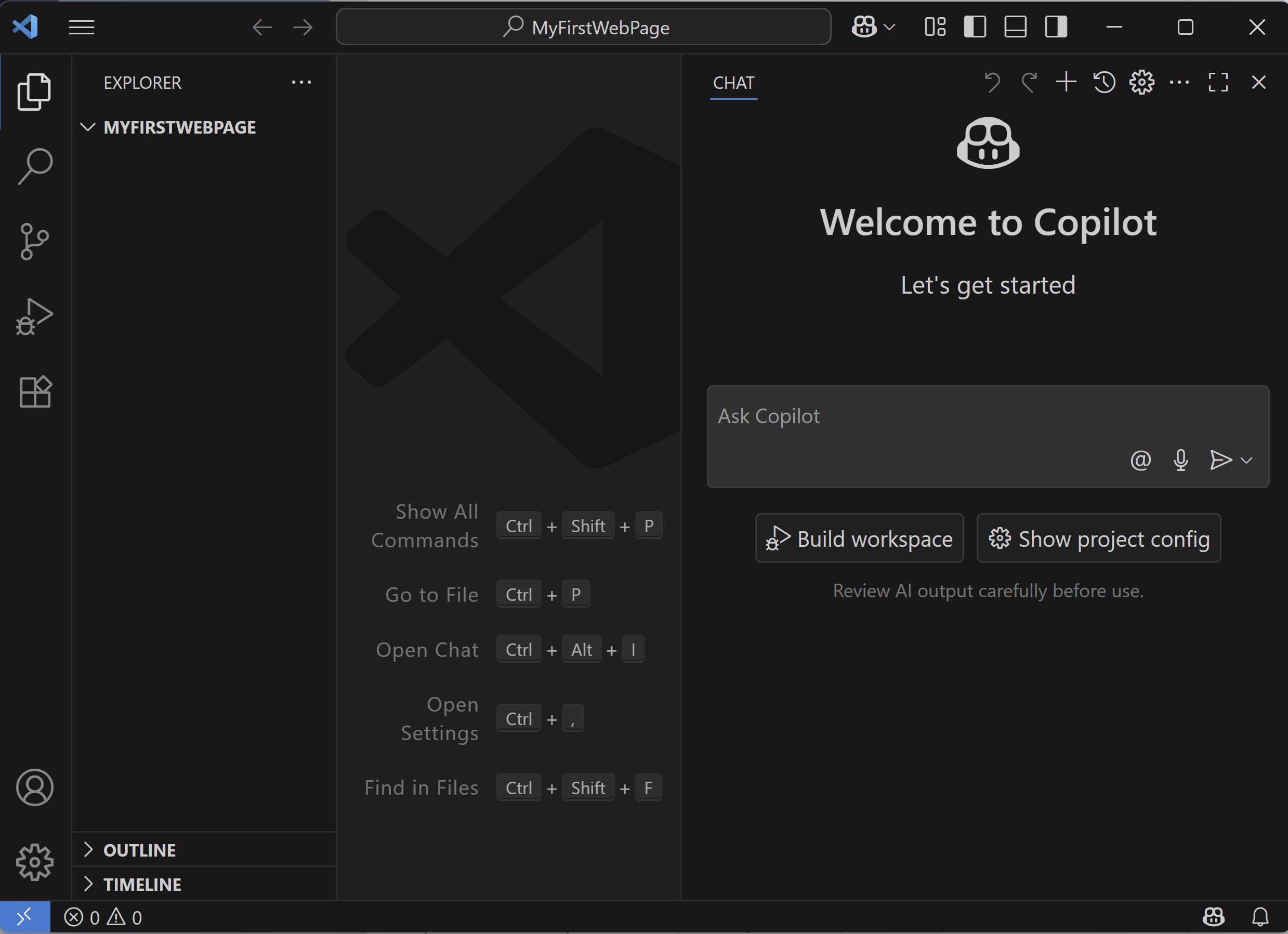 MyFirstWebPage workspace setup
