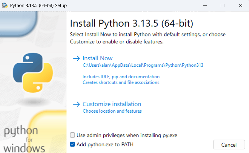 Run the installer and make sure to check the box that says 'Add Python to PATH' during installation.