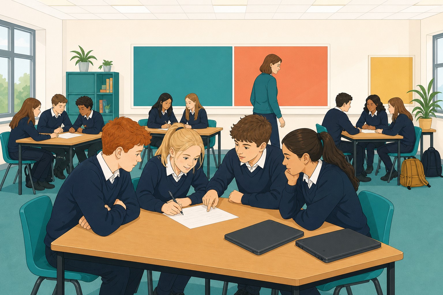 Four students around one table, heads together over a single sheet of paper. One writes while the others lean in, one pointing at the page and one suggesting a word.