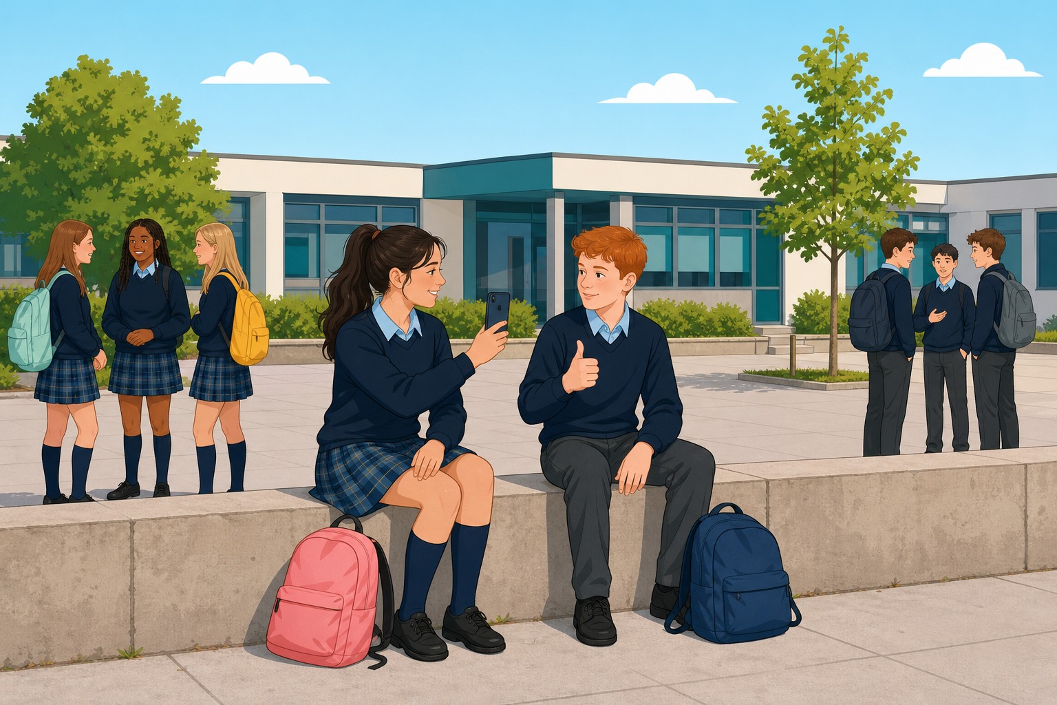 Two friends sitting on a low wall in the school yard. The girl holds up her phone to post a photo she took of her friend, but stops to ask him first, and he smiles and gives a thumbs-up.