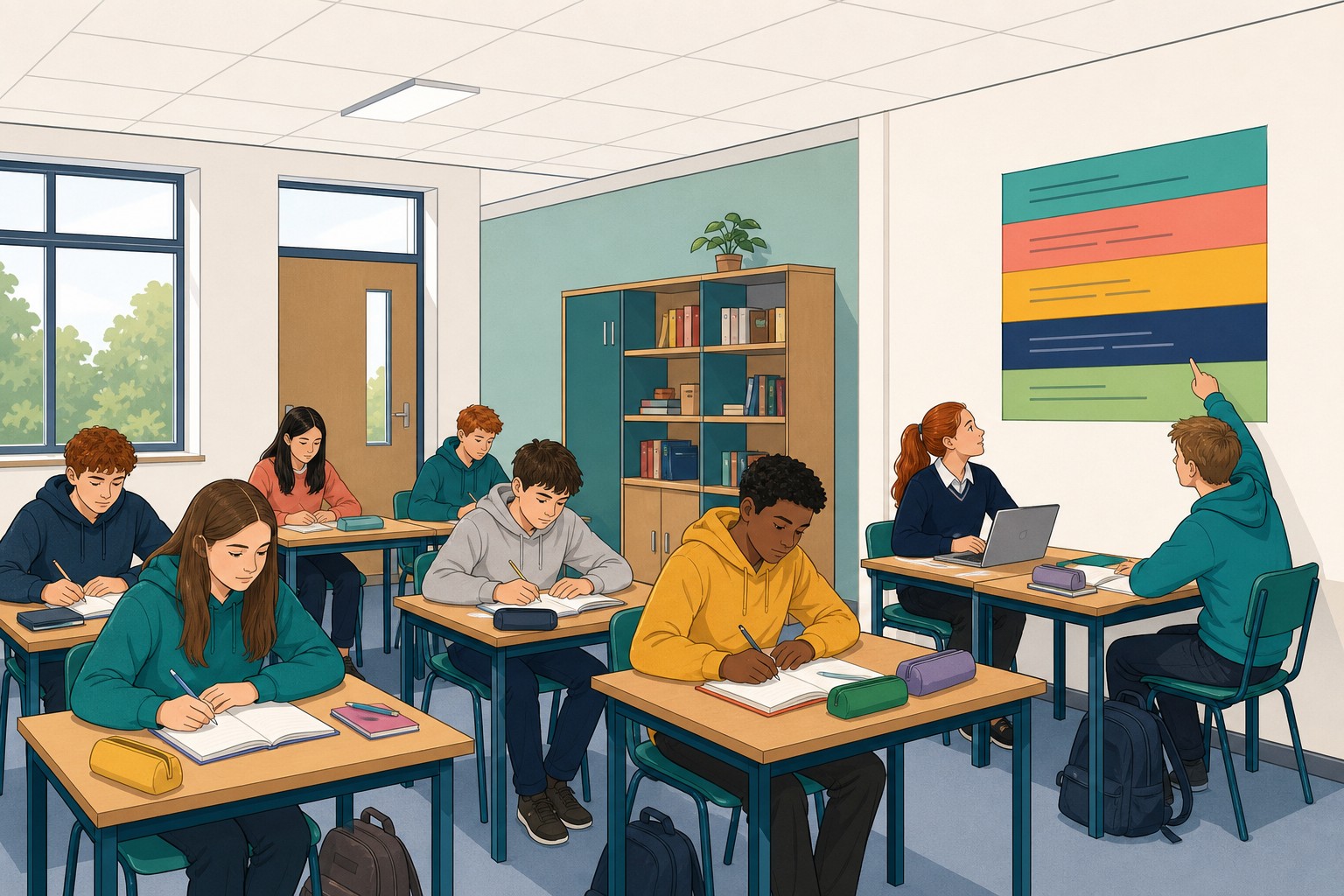 The class charter pinned on the classroom wall as a large sheet in five coloured bands. A student about to share something on her laptop looks up at it, and the friend beside her points to one band.