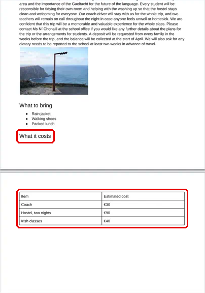 Print preview of a proposal with the heading What it costs sitting alone at the bottom of page 1 and its table at the top of page 2. Red boxes mark the heading and the table it belongs with.