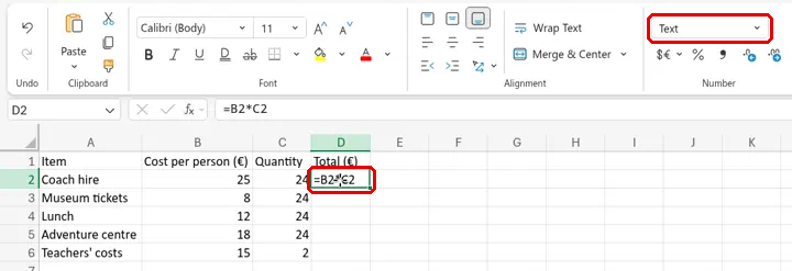 Excel for the web with D2 showing =B2*C2 as text because the cell is formatted as Text. Red boxes mark D2 and the Number format box set to Text.