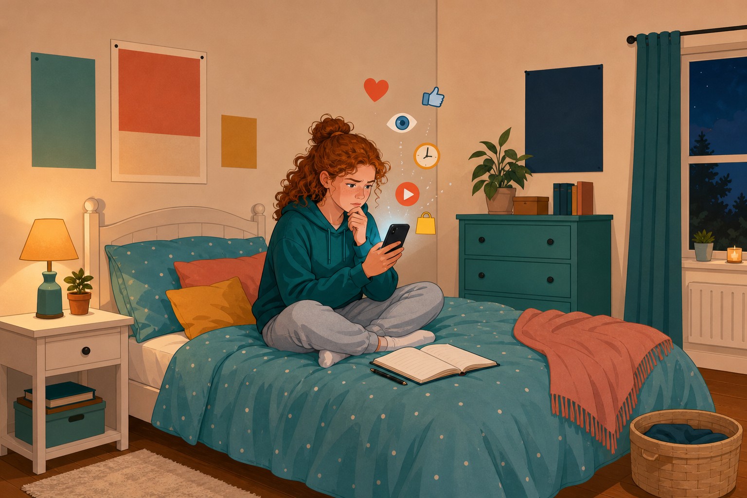 A student sitting on her bed studies her phone closely, like a detective. Floating up from it are the clues an app uses: a heart, a thumbs-up, an eye, a clock, a play button and a shopping bag.