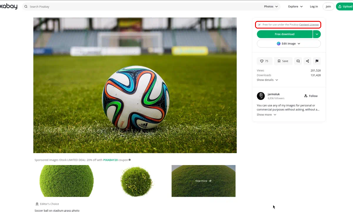 A free photo's page on Pixabay. Under the Download button, the line Free for use under the Pixabay Content License is marked with a red box.
