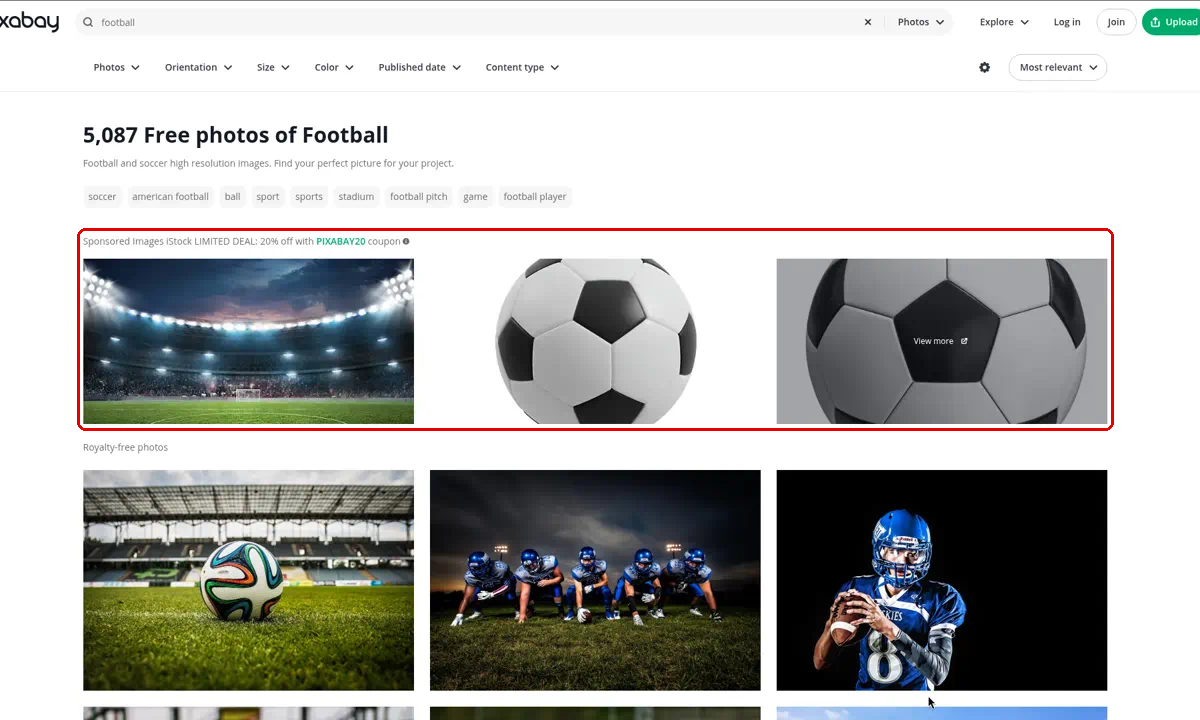 Pixabay search results for football. A row labelled Sponsored images, with an iStock badge, is marked with a red box: those pictures are paid. Free Pixabay pictures are underneath.