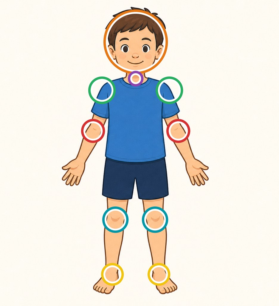 The child from the start of the lesson, with a coloured ring round each part we name today: head, neck, shoulders, elbows, knees and ankles