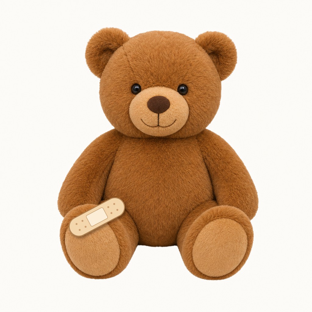 A teddy sitting with a plaster on his knee