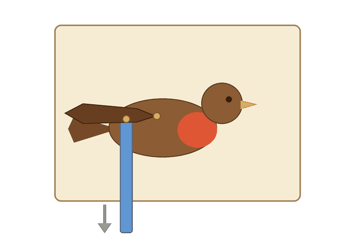 A card robin on a card base. When the blue strip at the bottom is pushed up, the robin's wing lifts; when the strip is pulled down, the wing drops.